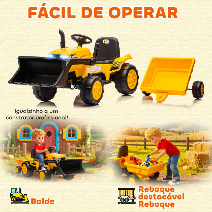 Trator Elétrico para Crianças com Reboque e Pá Bateria de 12V Motor Duplo Controle Remoto 2,4G Luzes Música Conexão Sem Fios USB para Crianças dos 3 aos 8 Anos 146x58x58,5 cm Amarelo