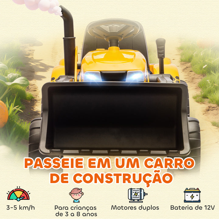 Trator Elétrico para Crianças com Reboque e Pá Bateria de 12V Motor Duplo Controle Remoto 2,4G Luzes Música Conexão Sem Fios USB para Crianças dos 3 aos 8 Anos 146x58x58,5 cm Amarelo