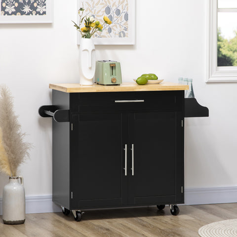 Carrinho de Cozinha com Armário Portas e Prateleira Interior Ajustável Gaveta Barra e Suporte para Temperos Móvel Aparador Auxiliar com Rodas para Sala de Jantar 109x40x89cm Preto