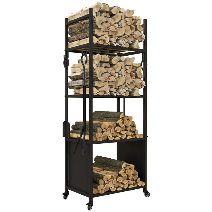 Suporte para Lenha com Rodas Suporte para Lenha de 4 Níveis Estante para Lenha com Pá Escova Atiçador e Tenaz para Interior e Exterior 45x30x118 cm Preto