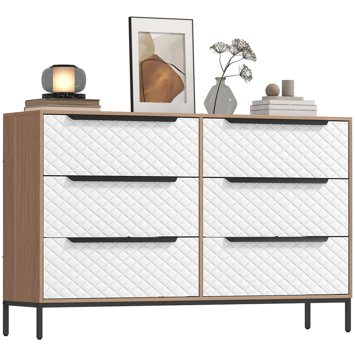 Cómoda com 6 Gavetas de Tecido Cómoda para Quarto Frentes com Padrão de Diamante Móvel de Arrumação para Sala de Estar Escritório Closet 117,5x30x73,5 cm Madeira e Branco
