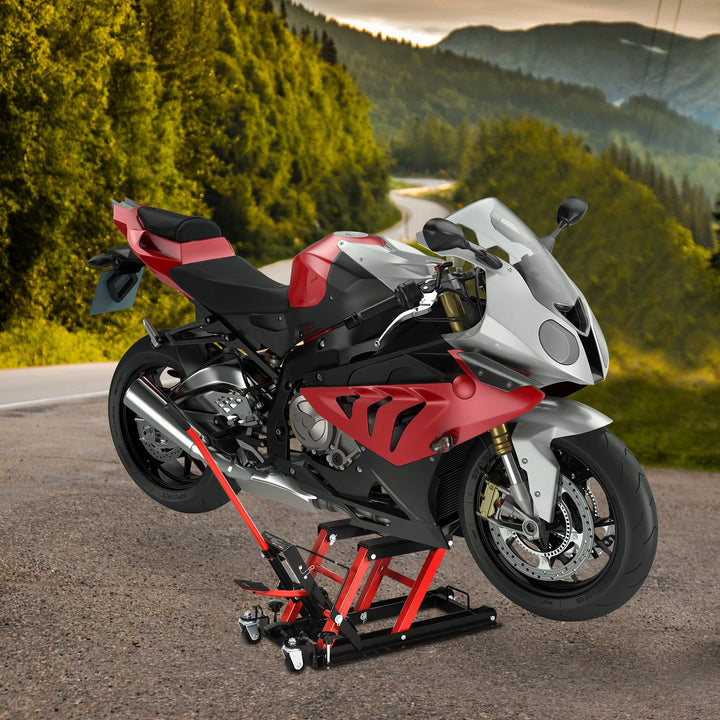Macaco hidráulico de aço para motocicleta Suporte 680 kg 110x36x67 cm Preto e Vermelho