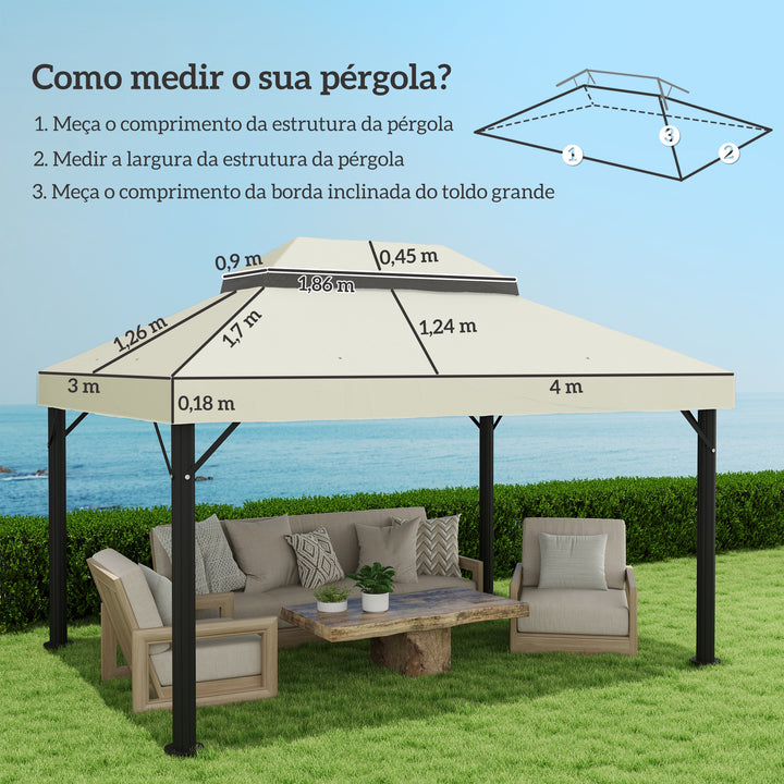 Toldo de Substituição para Pérgola 4x3 m Toldo para Pérgola com Teto Duplo Mosqueteira Proteção UV 30+ Toldo de Substituição para Pérgula Creme