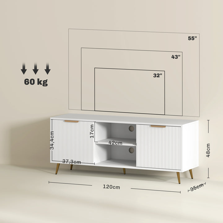 Móvel de TV Moderno Móvel de TV para Sala de Estar com 2 Compartimentos Abertos e 2 Portas Móvel para Televisores de 55 Polegadas 120x35x48 cm Branco
