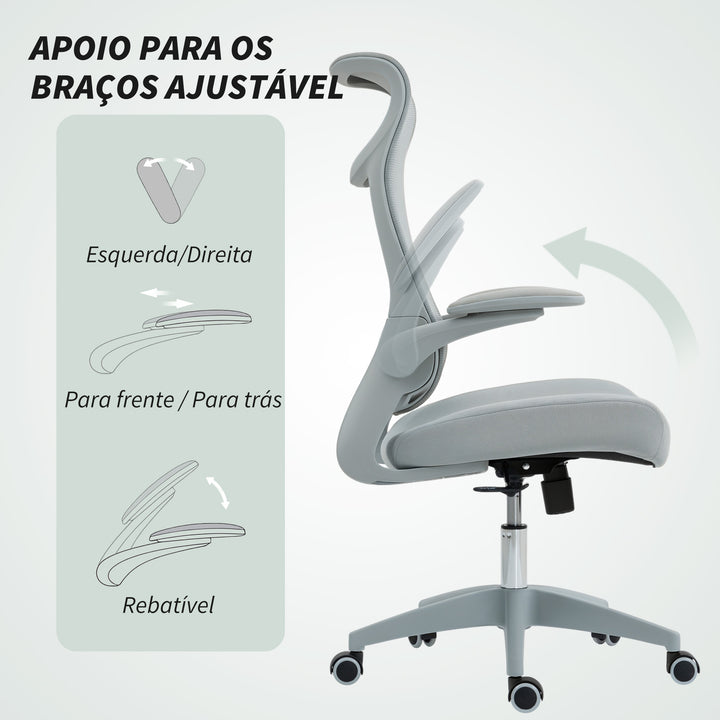 Cadeira de Escritório Ergonómica Cadeira de Escritório Giratória com Suporte Lombar e Apoios de Braços 3D Dobráveis Apoio de Cabeça Integrado Função de Basculante e Altura Ajustável 64x65x108-118 cm Cinzento