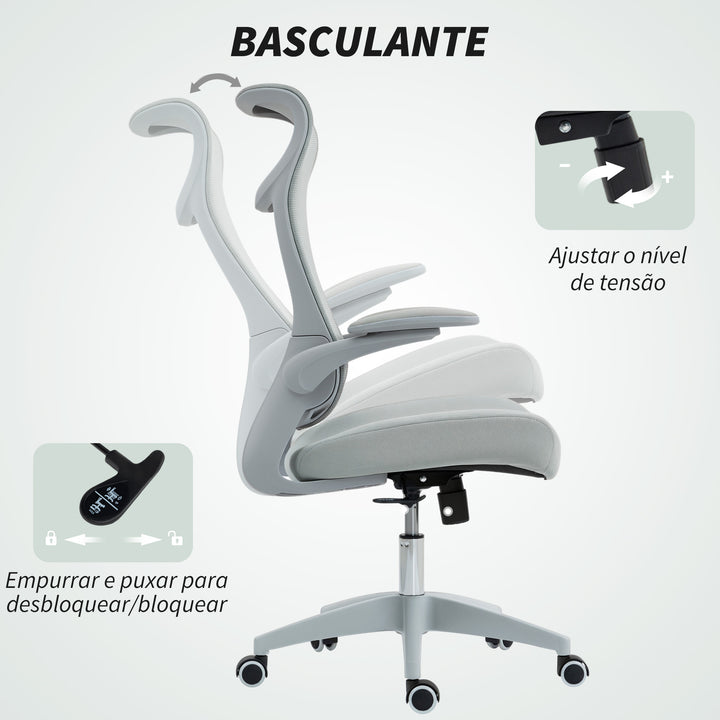 Cadeira de Escritório Ergonómica Cadeira de Escritório Giratória com Suporte Lombar e Apoios de Braços 3D Dobráveis Apoio de Cabeça Integrado Função de Basculante e Altura Ajustável 64x65x108-118 cm Cinzento