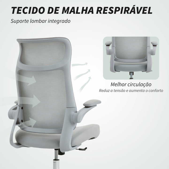 Cadeira de Escritório Ergonómica Cadeira de Escritório Giratória com Suporte Lombar e Apoios de Braços 3D Dobráveis Apoio de Cabeça Integrado Função de Basculante e Altura Ajustável 64x65x108-118 cm Cinzento
