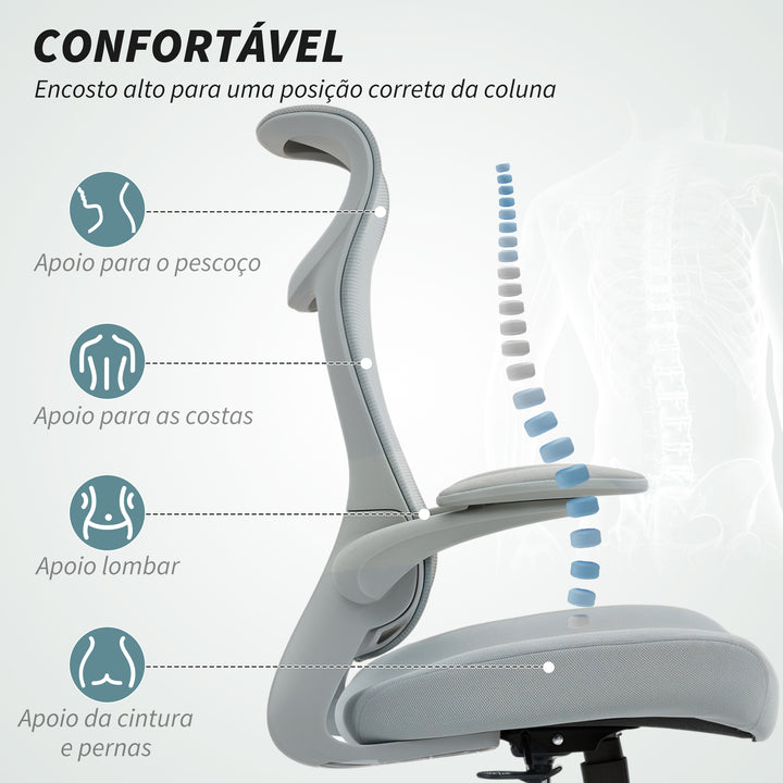Cadeira de Escritório Ergonómica Cadeira de Escritório Giratória com Suporte Lombar e Apoios de Braços 3D Dobráveis Apoio de Cabeça Integrado Função de Basculante e Altura Ajustável 64x65x108-118 cm Cinzento