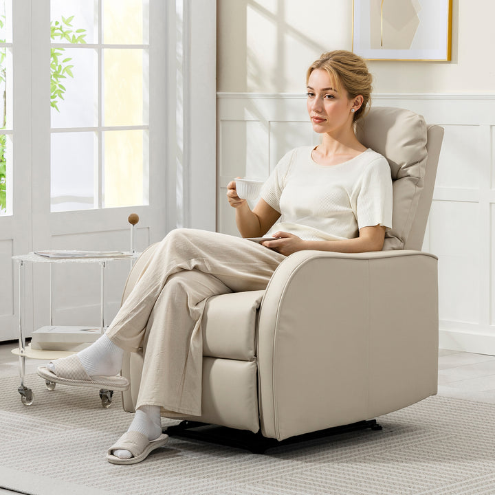 Poltrona Relax Reclinável Manual, Poltrona Estofada em PU com Apoio de Pés Retrátil, Almofadada, Reclinável até 160º, para Sala, Quarto, Creme, 65x89x100 cm