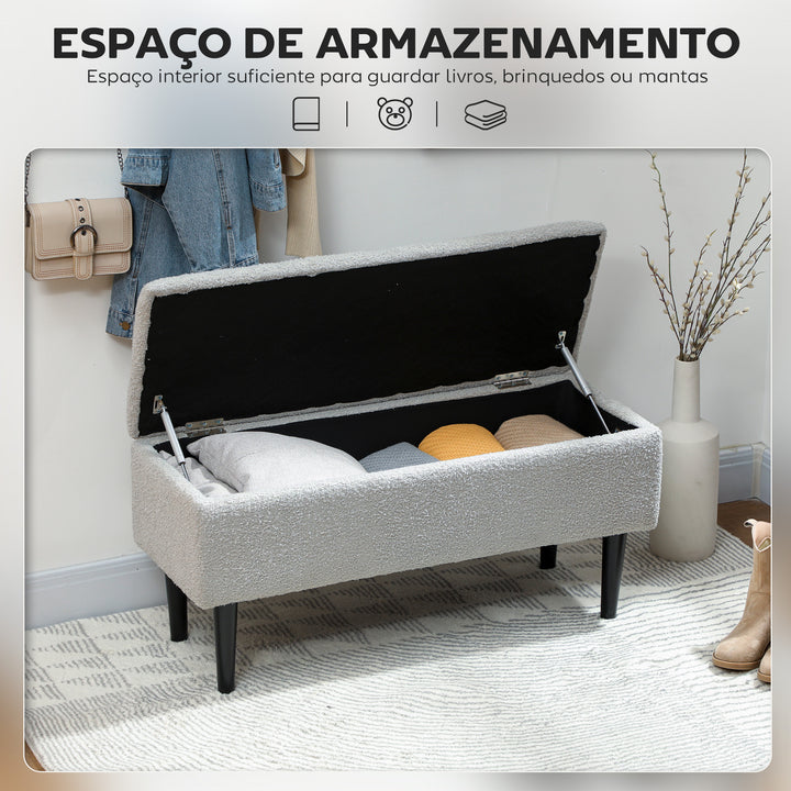 Banco de Armazenamento Dormitório Banco de Armazenamento Capacidade 47L Tampa Abatível e Pés de Madeira de Borracha Carga Máxima 120 kg 95x38x45 cm Cinza