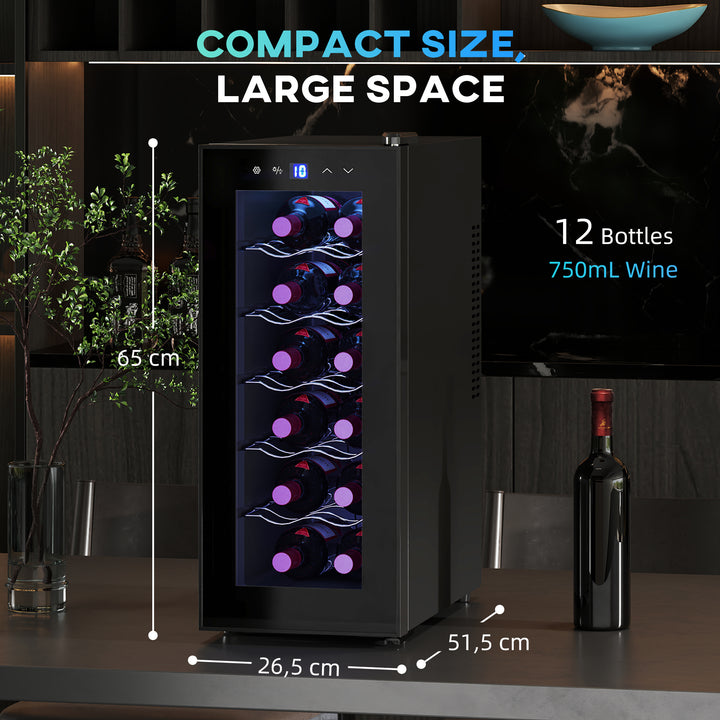 Cave de Vinhos 12 Garrafas Cave para Vinhos com Dupla Refrigeração Termoelétrica Temperatura Ajustável 8-18? Porta de Vidro Anti-UV Ecrã LED Luz Interior Preto