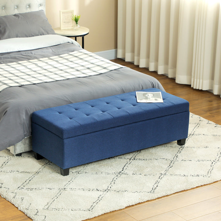 Banco de Armazenamento Acolchoado Banco Estofado em Linho Tampa com Abertura para Sala de Estar Entrada Dormitório Carga Máxima 120 kg 125x49x41,5 cm Azul Escuro