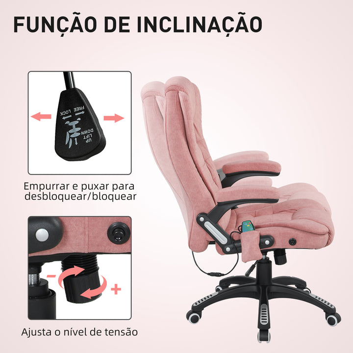 Cadeira de Massagem com 6 Pontos de Massagem Cadeira de Escritório Reclinável até 125° com Função de Aquecimento Altura Ajustável e Rodas para Estúdio 65x71x110-120 cm Rosa