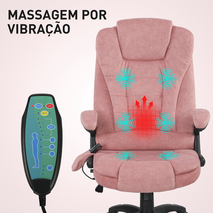 Cadeira de Massagem com 6 Pontos de Massagem Cadeira de Escritório Reclinável até 125° com Função de Aquecimento Altura Ajustável e Rodas para Estúdio 65x71x110-120 cm Rosa