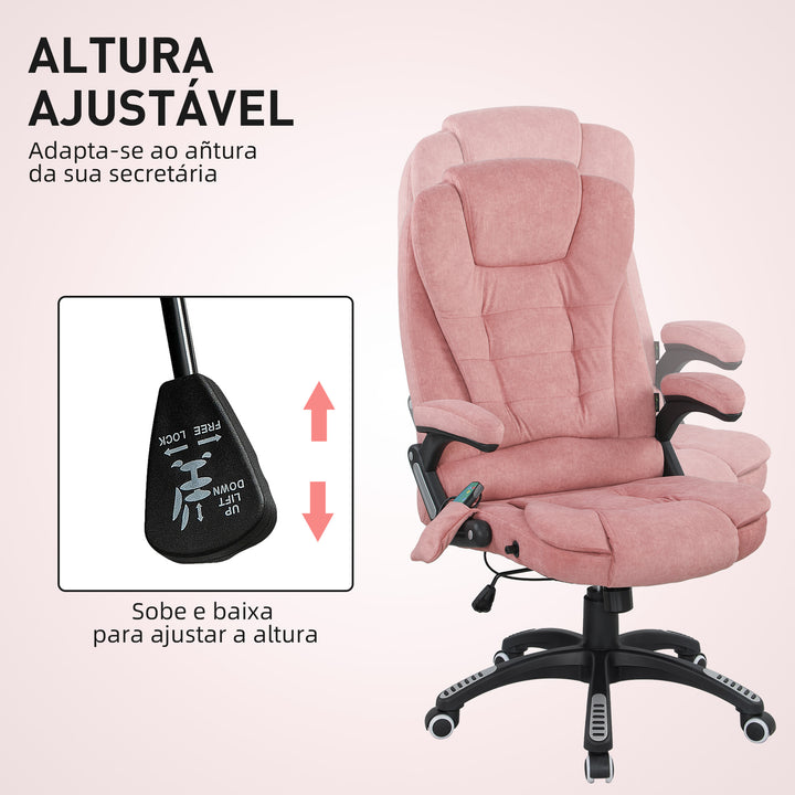 Cadeira de Massagem com 6 Pontos de Massagem Cadeira de Escritório Reclinável até 125° com Função de Aquecimento Altura Ajustável e Rodas para Estúdio 65x71x110-120 cm Rosa