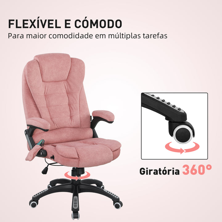 Cadeira de Massagem com 6 Pontos de Massagem Cadeira de Escritório Reclinável até 125° com Função de Aquecimento Altura Ajustável e Rodas para Estúdio 65x71x110-120 cm Rosa