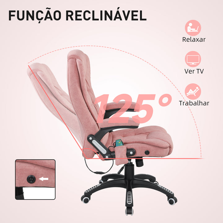 Cadeira de Massagem com 6 Pontos de Massagem Cadeira de Escritório Reclinável até 125° com Função de Aquecimento Altura Ajustável e Rodas para Estúdio 65x71x110-120 cm Rosa