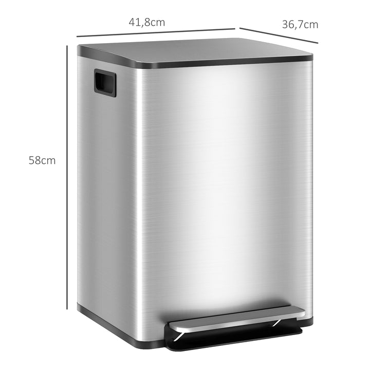 Balde de Lixo de Cozinha com 2 Compartimentos 2x20L Cubo de Lixo de Aço Inoxidável com Pedal Fechamento Suave e Cubo Amovível para Escritório Cozinha Prata