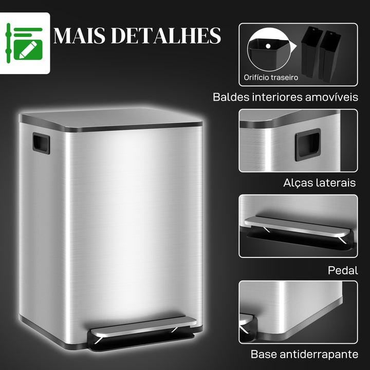 Balde de Lixo de Cozinha com 2 Compartimentos 2x20L Cubo de Lixo de Aço Inoxidável com Pedal Fechamento Suave e Cubo Amovível para Escritório Cozinha Prata