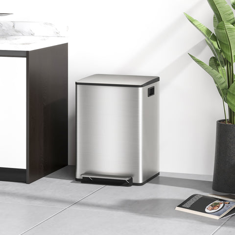 Balde de Lixo de Cozinha com 2 Compartimentos 2x20L Cubo de Lixo de Aço Inoxidável com Pedal Fechamento Suave e Cubo Amovível para Escritório Cozinha Prata