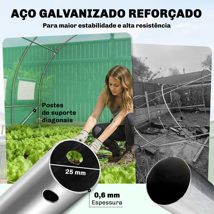 Estufa de Exterior 6x3x2 m Estufa Túnel com Porta com Dobradiças Janelas com Rede Cobertura PE 140g/m² e Estrutura de Aço Galvanizado Anti-UV, Impermeável para Cultivo Verde