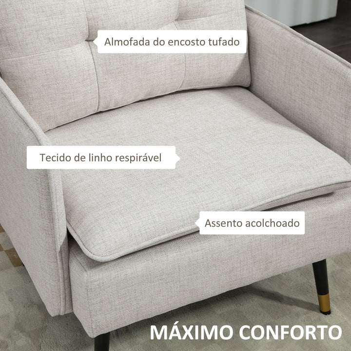 Poltrona Sala de Estar Poltrona Relax com Apoio para os Braços Assento Acolchoado e Pés de Aço Sofá Individual Moderno para Dormitório 76x68x80 cm Creme
