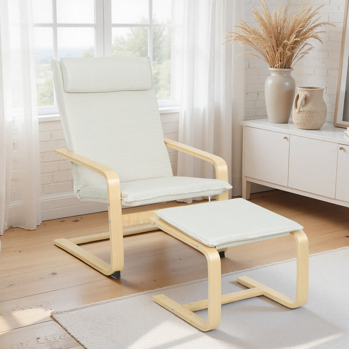 Poltrona com Otomano Poltrona de Leitura com Encosto Alto Apoio de Cabeça Removível Pernas de Madeira e Estofado em Linho Poltrona para Sala de Estar Quarto Escritório 67x78x92 cm Creme