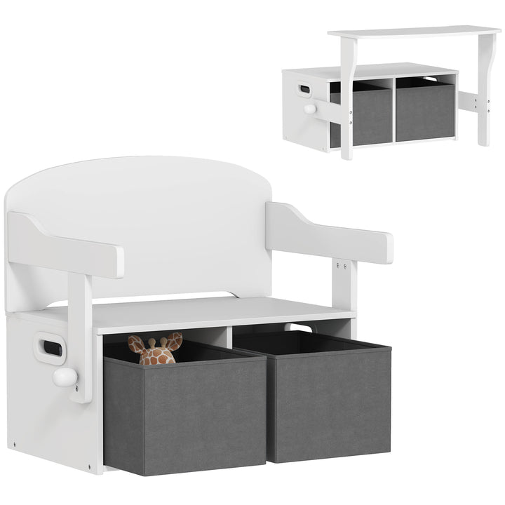 Banco para Crianças Conversível 3 em 1 Conjunto de Mesa e Cadeira Baú de Brinquedos com Cubos de Tecido Removíveis Banco de Armazenamento Móvel Multifuncional para Crianças 3-6 Anos Branco