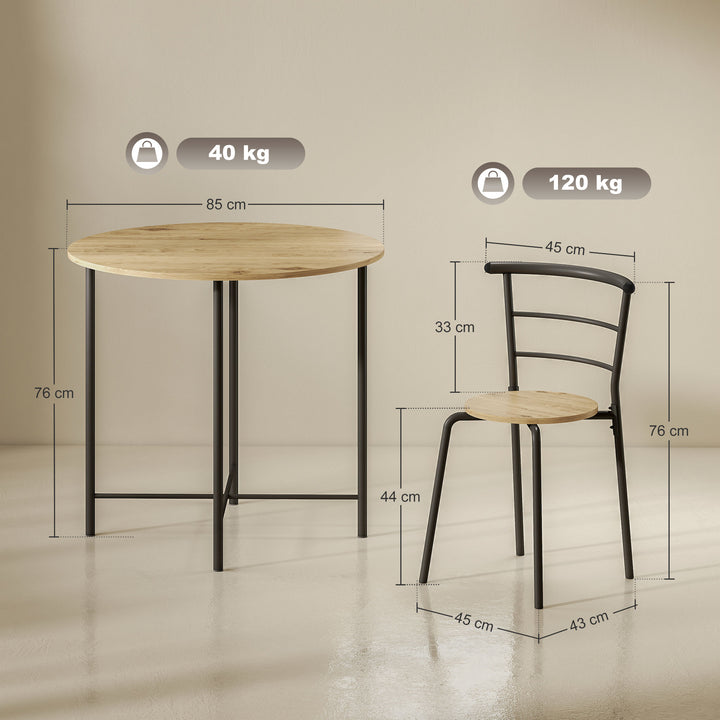 Conjunto de Mesa e Cadeiras de Jantar Compacto, Mesa Redonda com 4 Cadeiras, Estilo Industrial, Estrutura Metálica, Ideal para Espaços Pequenos, Sala de Jantar, Mesa Ø85x76 cm, Natural