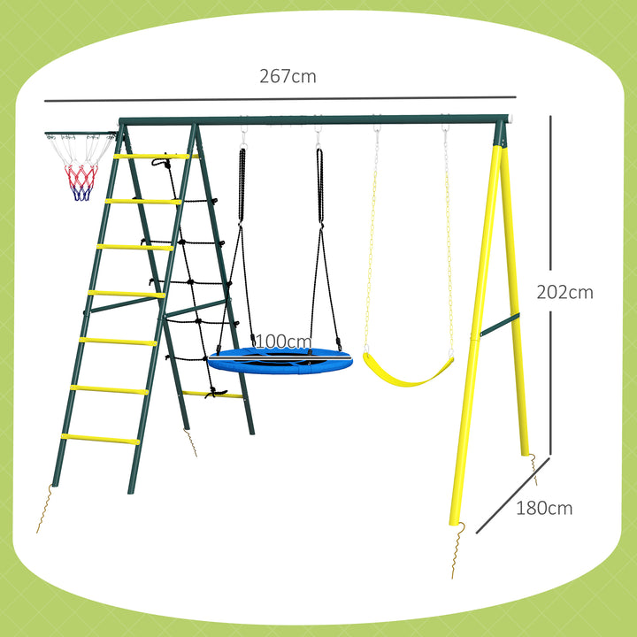 Baloiço Infantil 4 em 1 com Baloiço Ninho e Individual Rede de Escalada Cesto de Basquetebol Escada Carga 160 kg para Exterior Parque Infantil para Crianças de 3 a 8 Anos Amarelo