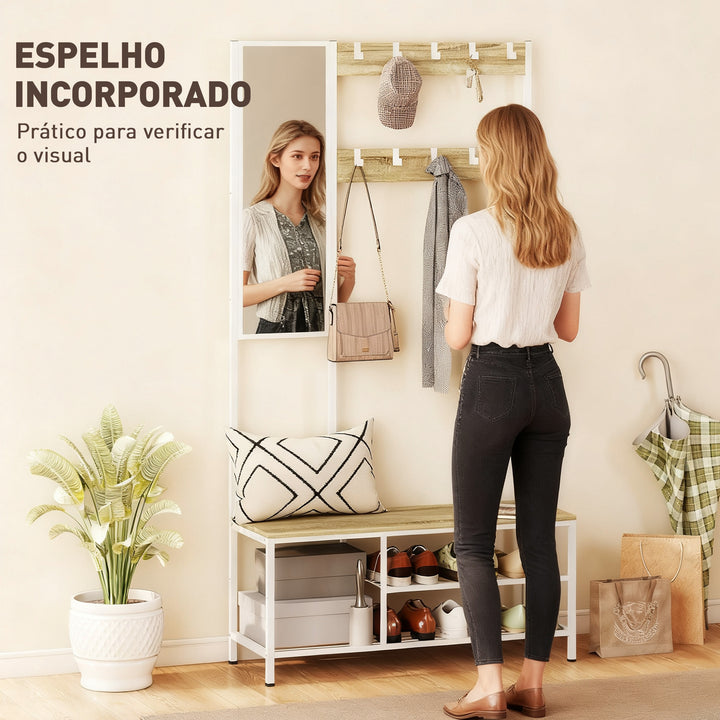 Móvel Cabide de Entrada com Espelho e Sapateira 4 em 1 com 3 Prateleiras Banco 10 Ganchos Ajustáveis Estilo Moderno para Corredor Quarto Sala de Estar 98x34x186 cm Madeira
