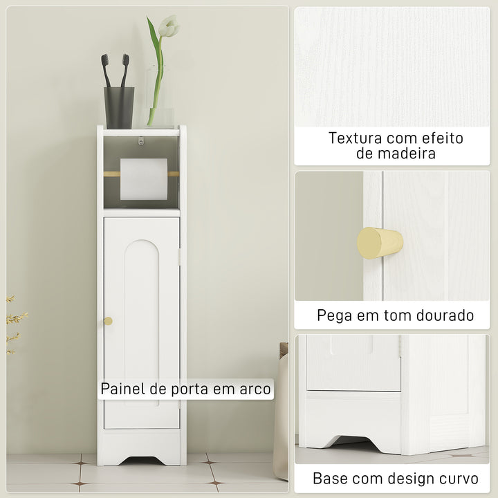 Armário de Casa de Banho Estreito Móvel Auxiliar de Casa de Banho 21x20x79 cm com Prateleira Ajustável Suporte para Papel Higiénico Removível e Porta com Painel Arqueado para Espaços Pequenos Branco