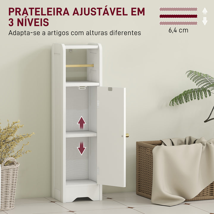 Armário de Casa de Banho Estreito Móvel Auxiliar de Casa de Banho 21x20x79 cm com Prateleira Ajustável Suporte para Papel Higiénico Removível e Porta com Painel Arqueado para Espaços Pequenos Branco