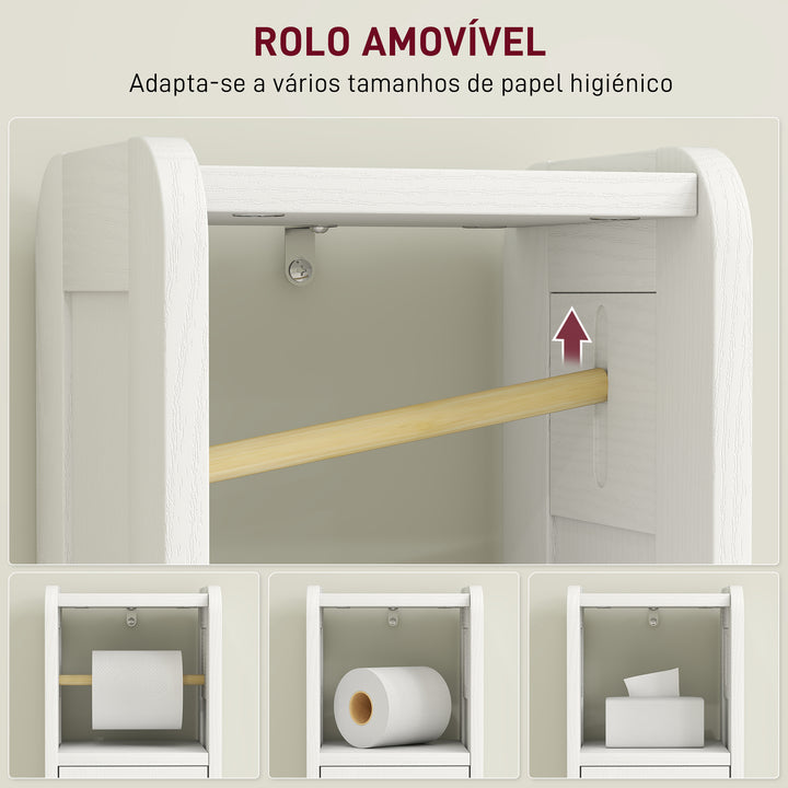 Armário de Casa de Banho Estreito Móvel Auxiliar de Casa de Banho 21x20x79 cm com Prateleira Ajustável Suporte para Papel Higiénico Removível e Porta com Painel Arqueado para Espaços Pequenos Branco