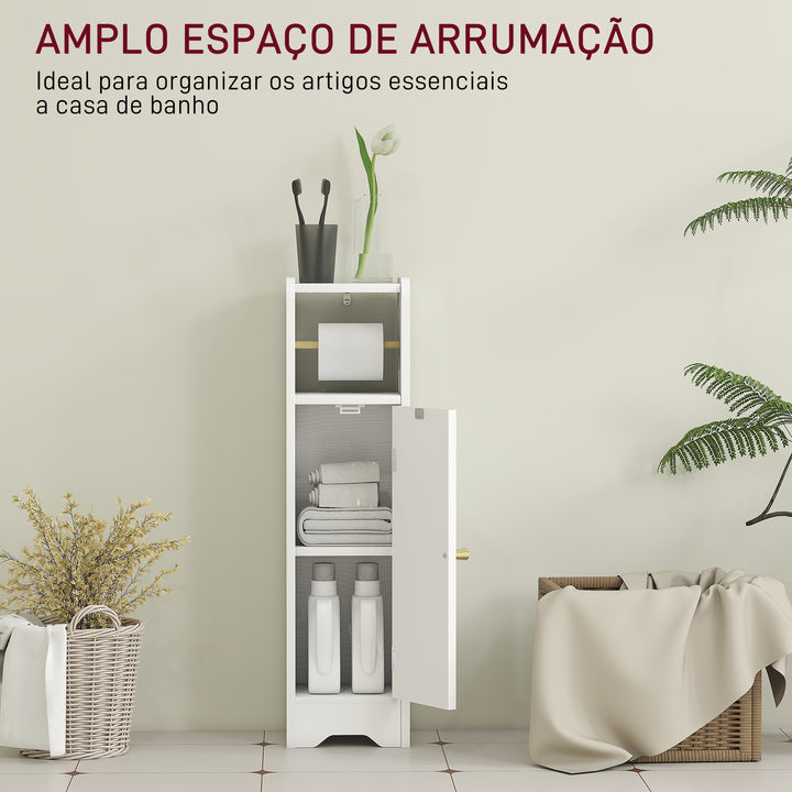 Armário de Casa de Banho Estreito Móvel Auxiliar de Casa de Banho 21x20x79 cm com Prateleira Ajustável Suporte para Papel Higiénico Removível e Porta com Painel Arqueado para Espaços Pequenos Branco