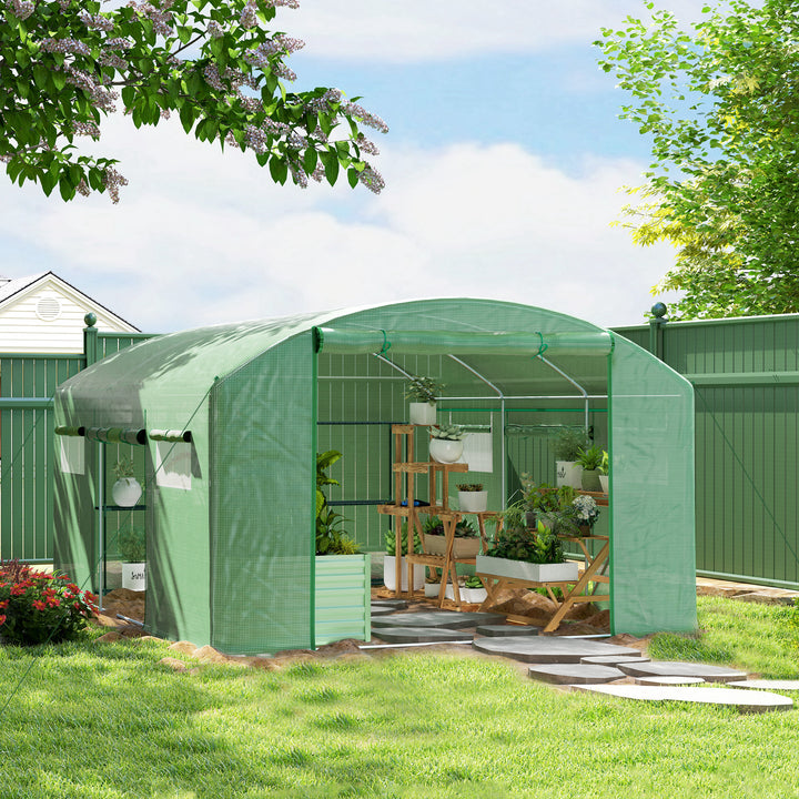 Estufa tipo Túnel 397x300x200 cm Estufa de Exterior com 4 Janelas de Malha Cobertura de PE Anti UV e 3 Portas Enroláveis com Fecho de Correr Estufa para Jardim Pátio Verde