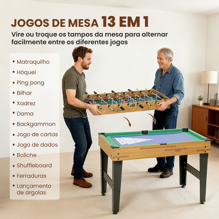 Mesa Multijogos 13 em 1 Mesa de Jogo com Matraquilho para Crianças Bilhar Ping-Pong Hóquei Xadrez Damas Backgammon e Acessórios Diversão Familiar para Adultos e Crianças 121x109x80 cm Madeira e Preto