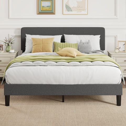 Cama 160x200 cm com Cabeceira Ajustável Estofada em Bombazina Ripas de Madeira Montagem Fácil Cinza Escuro