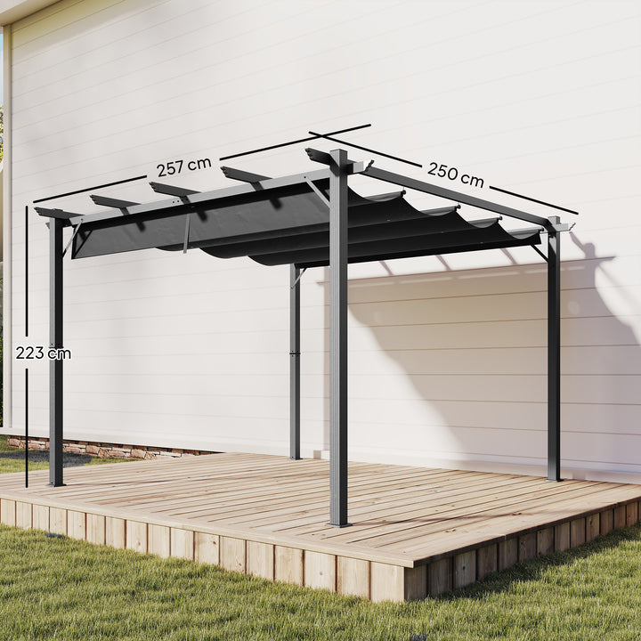 Pérgola de Jardim 3x3 m com Telhado Retrátil Pérgola de Exterior com Proteção UPF30+ Orifícios de Drenagem Estrutura de Alumínio Cobertura para Pátio Terraço Cinzento Escuro