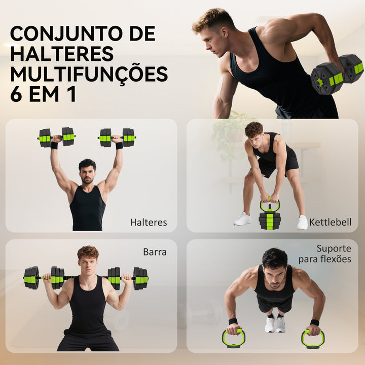 Conjunto de Halteres Ajustáveis 4 em 1 25 kg Conjunto de Pesos Utilizado como Kettlebell Barra Halteres ou Suporte para Flexões Equipamento de Fitness para Homens e Mulheres Ginásio em Casa