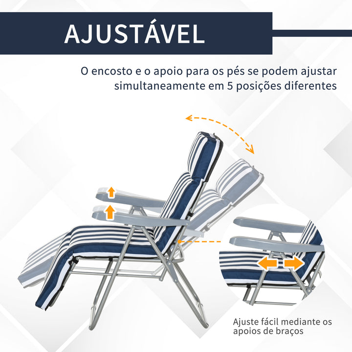 Conjunto de 2 espreguiçadeiras acolchoadas reclináveis e reclináveis com apoio para os pés para a praia ou para o acampamento - azul e branco - aço - 58x90x110cm