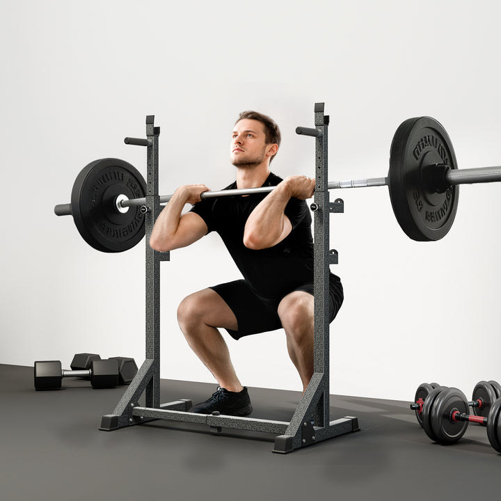 Suporte para Barras de Pesos Multifuncional com Largura e Altura Ajustáveis Suporte de Musculação com Estrutura de Aço Carga 200 kg para Treino em Casa Ginásio 60-87x65x121-158 cm Preto