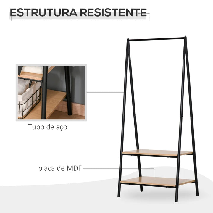 Suporte para Cabides com 2 Prateleiras de Armazenamento Barra para Pendurar e Estrutura de Aço para Entrada Corredor Dormitório 64x42,5x149 cm Preto