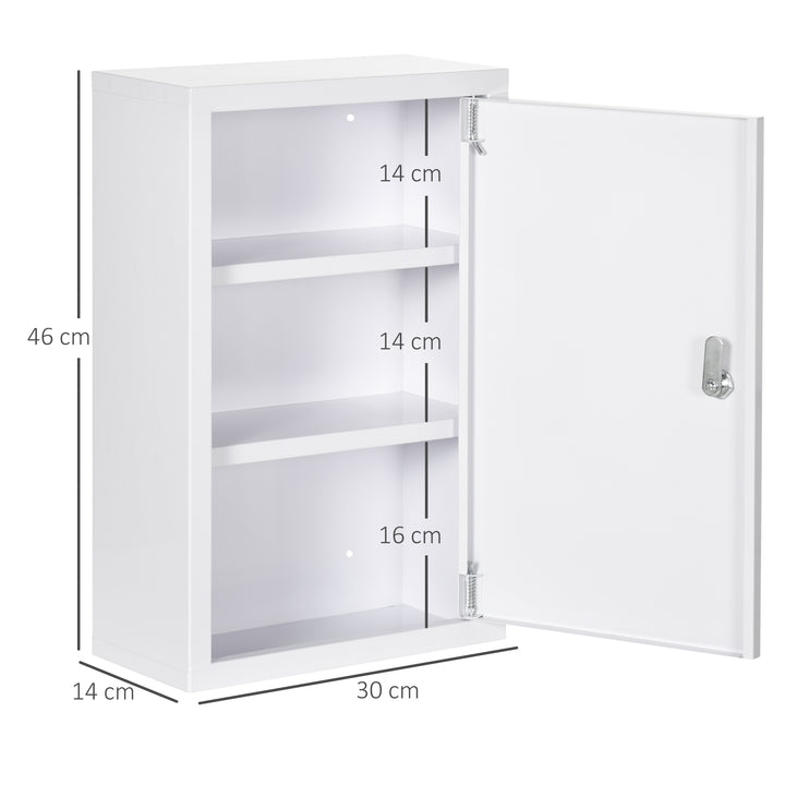 Armário Farmácia de Parede Armário de Medicamentos de Aço com 3 Prateleiras de Armazenamento e 2 Chaves para Casa de Banho 30x14x46 cm Branco
