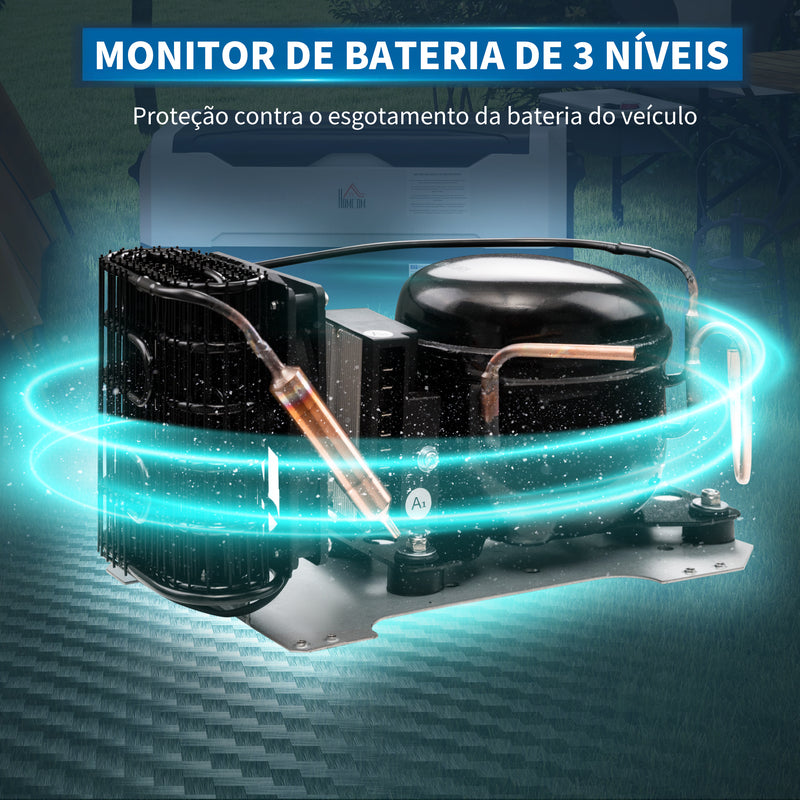 Geleira Elétrica de Compressor Portátil 30,5L para Carro -20? a 20? 12 / 24V CC e 100-240V AC com 2 Rodas Alças e Compartimento Congelador para Campismo Viagens 56,8x33x26,2 cm Preto