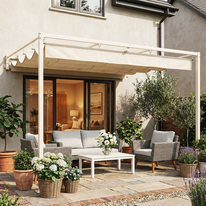 Pérgola de Parede para Jardim 3x3 m Estrutura de Aço com Teto Retrátil Proteção UPF30+ Orifícios de Drenagem Pérgola para Terraço ou Exterior Bege