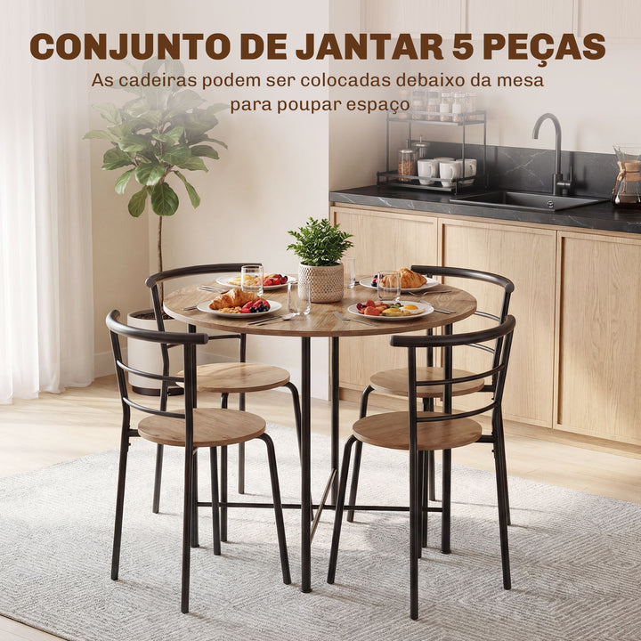Conjunto de Mesa e Cadeiras de Jantar Compacto, Mesa Redonda com 4 Cadeiras, Estilo Industrial, Estrutura Metálica, Ideal para Espaços Pequenos, Sala de Jantar, Mesa Ø85x76 cm, Natural