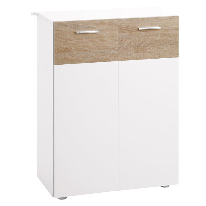 Armário Casa de Banho com 2 Portas e Prateleiras Interiores Ajustáveis Móvel Auxiliar de Madeira Multiuso para Sala de Estar Cozinha Sala de Jantar 60x30x85cm Branco e Madeira Natural
