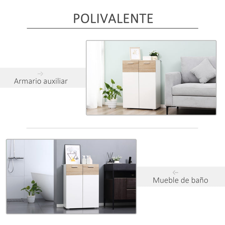 Armário Casa de Banho com 2 Portas e Prateleiras Interiores Ajustáveis Móvel Auxiliar de Madeira Multiuso para Sala de Estar Cozinha Sala de Jantar 60x30x85cm Branco e Madeira Natural