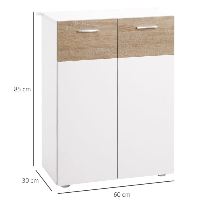 Armário Casa de Banho com 2 Portas e Prateleiras Interiores Ajustáveis Móvel Auxiliar de Madeira Multiuso para Sala de Estar Cozinha Sala de Jantar 60x30x85cm Branco e Madeira Natural